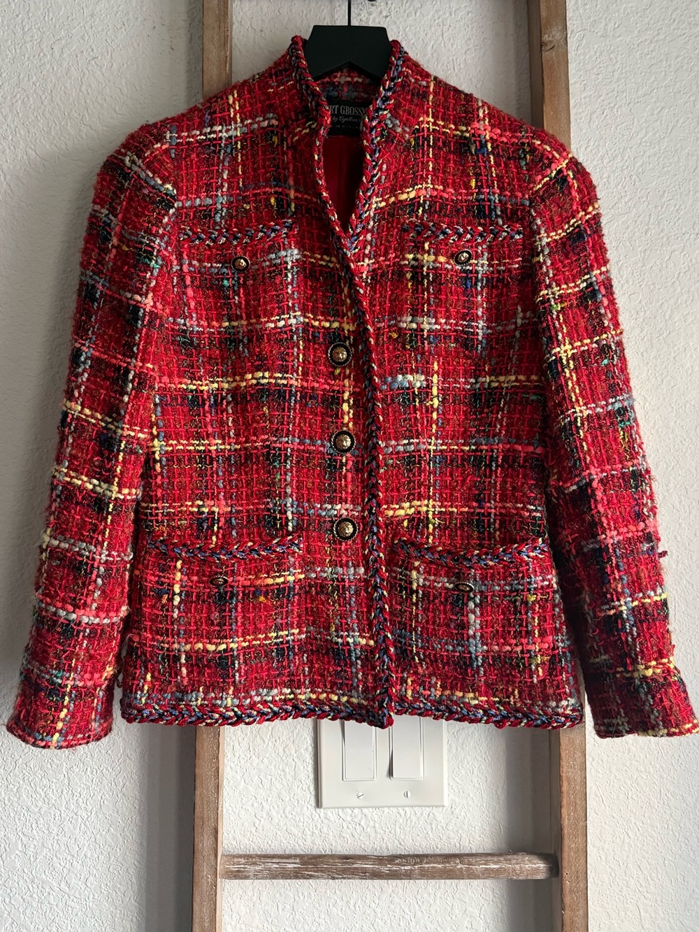 Herbert Grossman Red Plaid Bouclé Tweed Blazer Vintage Jacket - Size 4.